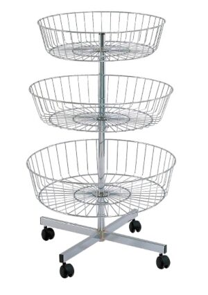 Cesta expositora de rejilla circular diseñada para uso profesional. Su estructura vertical permite una presentación limpia, ordenada y accesible del producto. Ideal para puntos de venta y áreas de autoservicio, optimiza el espacio disponible en tienda y mejora significativamente la visibilidad del género expuesto al cliente